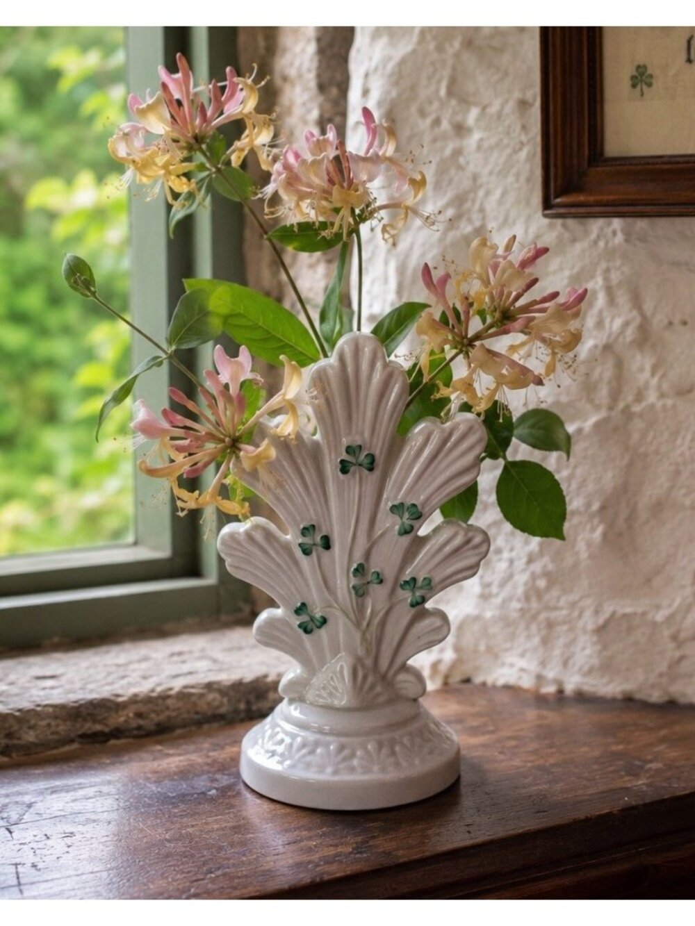 Vintage Belleek Pottery Ireland Shamrock Honeysuckle Spill Vase Porcelain Bud